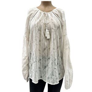 White House‎ Black Market Boho Sheer Long Sleeve Leaf Peasant Tassel Top Women L